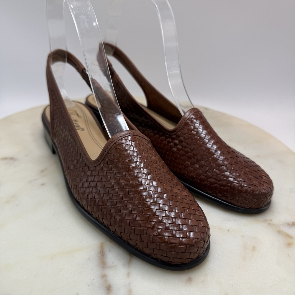Trotters Lucy T7505-200 Womens Brown Leather Weave Slingback Flats Shoes Size 6N